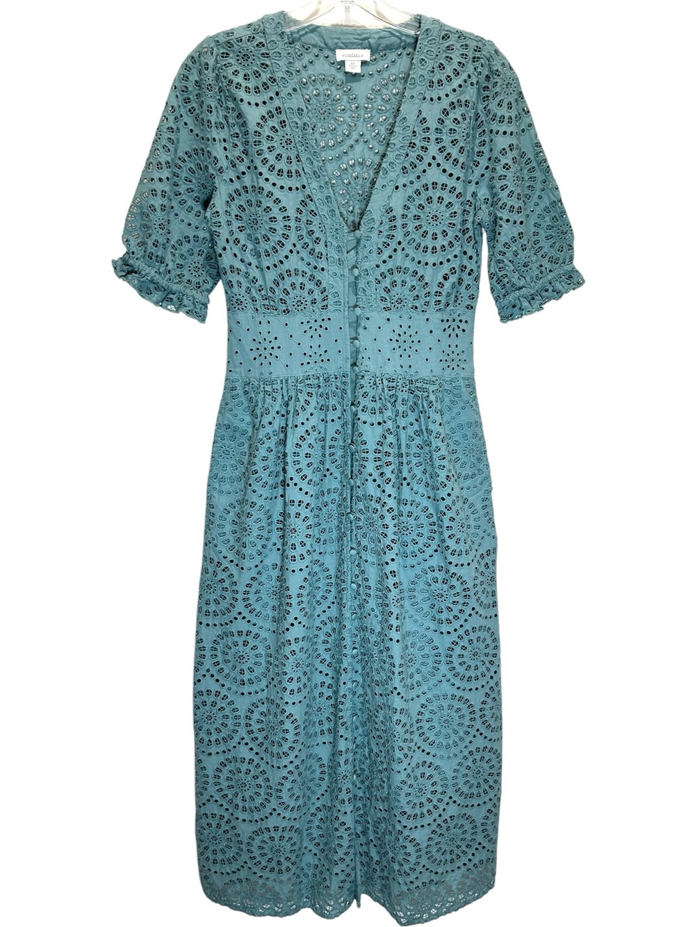 Sundance Teal Cotton Eyelet Midi Button-up Dress w/ Puff Sleeves - Size XXS